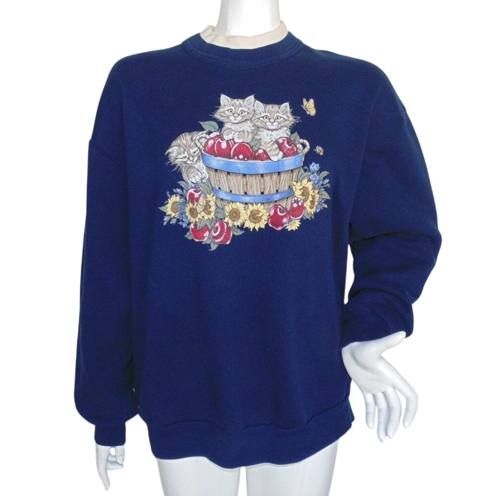 DAY BREEZE Sweatshirt, XL, Navy, Kittens/Apple Basket, Dual collar, Vintage